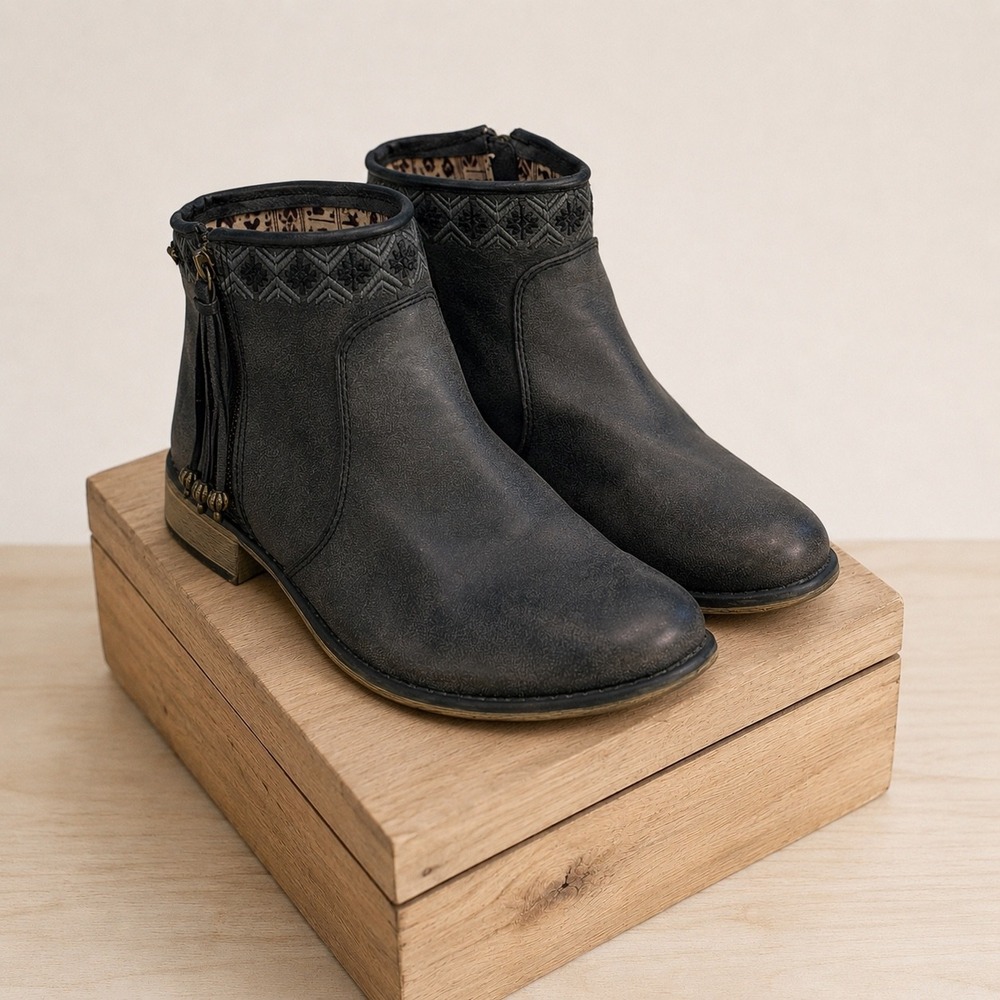 Roxy Y2K Sita Ankle Boots Womens 8 Grey Embroidered Boho Chic Tassel Booties Zip